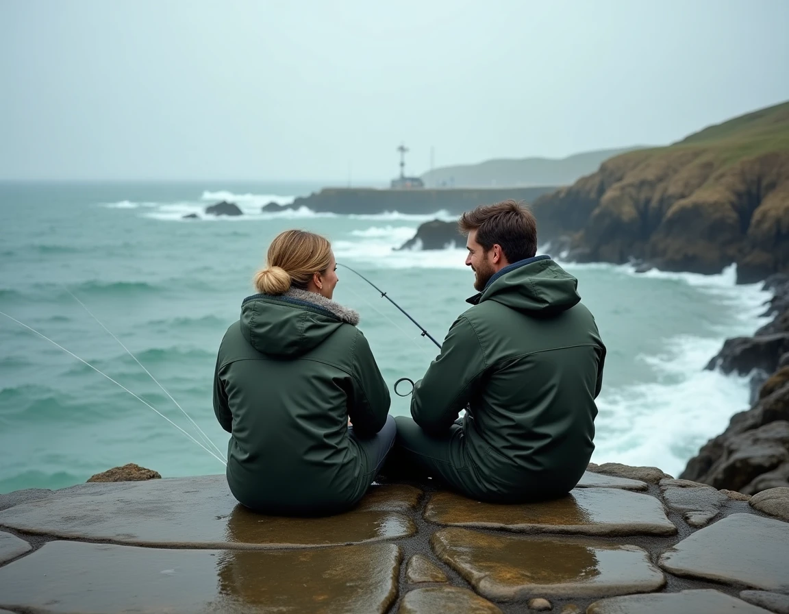 Deux amis pêchant assis sur des rochers granitiques de la côte bretonne près du Guilvinec avec la mer agitée en contrebas