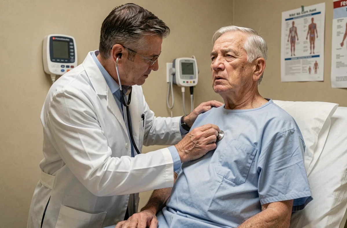 Médecin auscultant un patient âgé présentant des signes d'œdème pulmonaire aigu en salle d'examen clinique