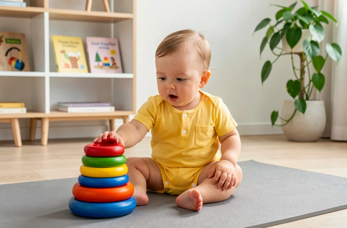 Bébé de 9 mois assis seul et jouant avec des anneaux empilables, étape clé du développement moteur et cognitif