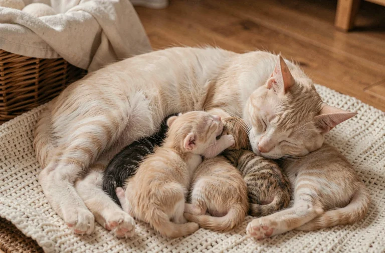 Chatte allaitant ses chatons nouveau-nés dans un panier douillet, illustrant l'importance de la période de sevrage et de la séparation des chatons