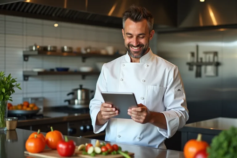 Chef souriant vérifiant une tablette en cuisine moderne