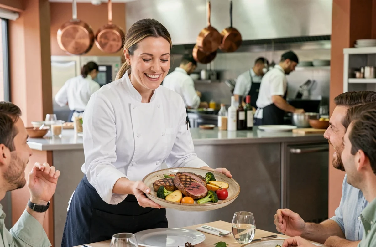 Chef souriante présentant un plat de canard grillé aux convives d'un restaurant bordelais au bord du lac dans une cuisine ouverte
