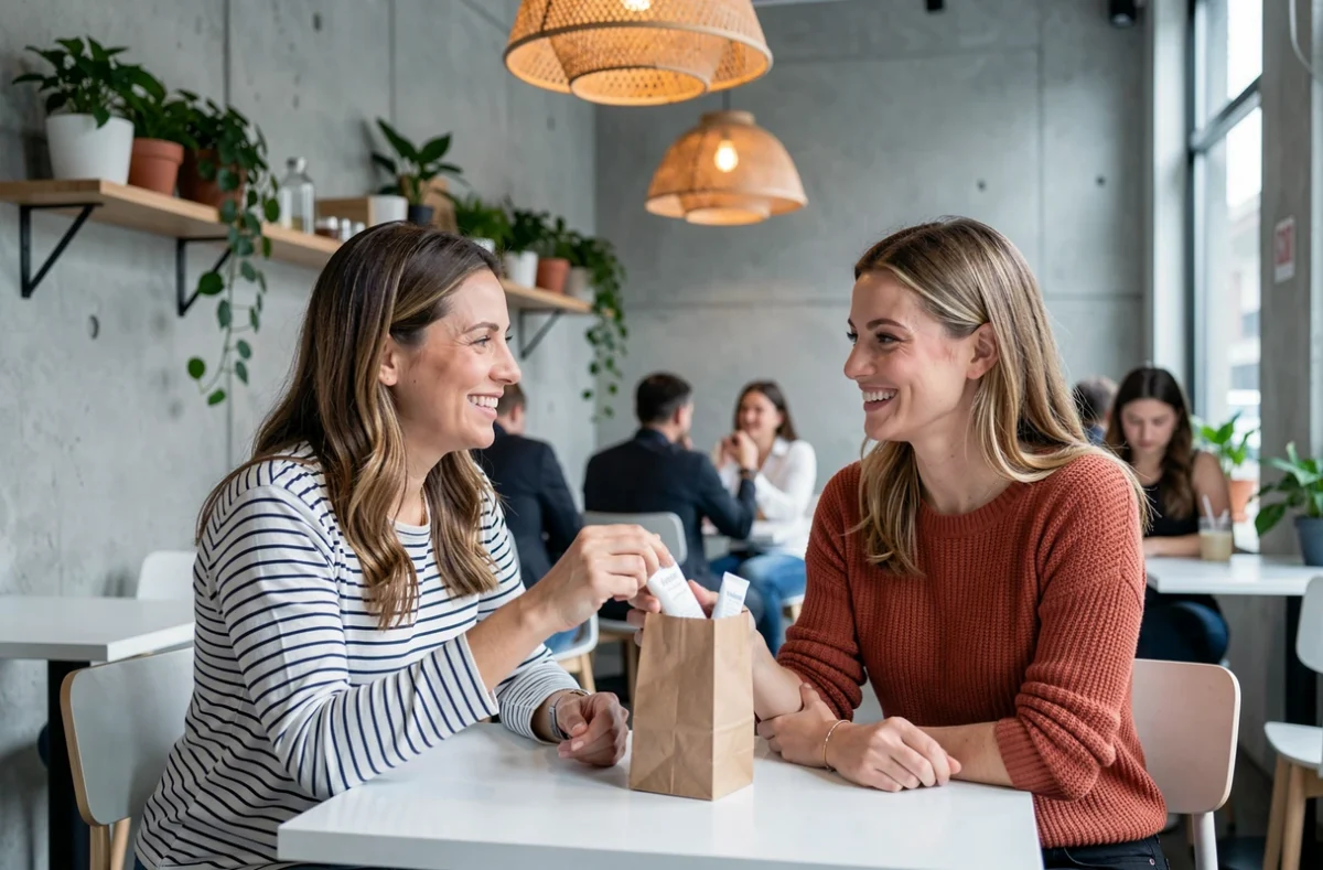 Deux femmes échangeant des conseils beauté autour d'un produit cosmétique dans un café contemporain à l'ambiance urbaine