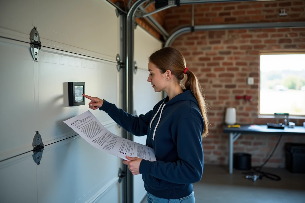 Femme consultant le manuel d'instructions devant le panneau de commande d'une porte sectionnelle électrique La Toulousaine pour effectuer une réinitialisation