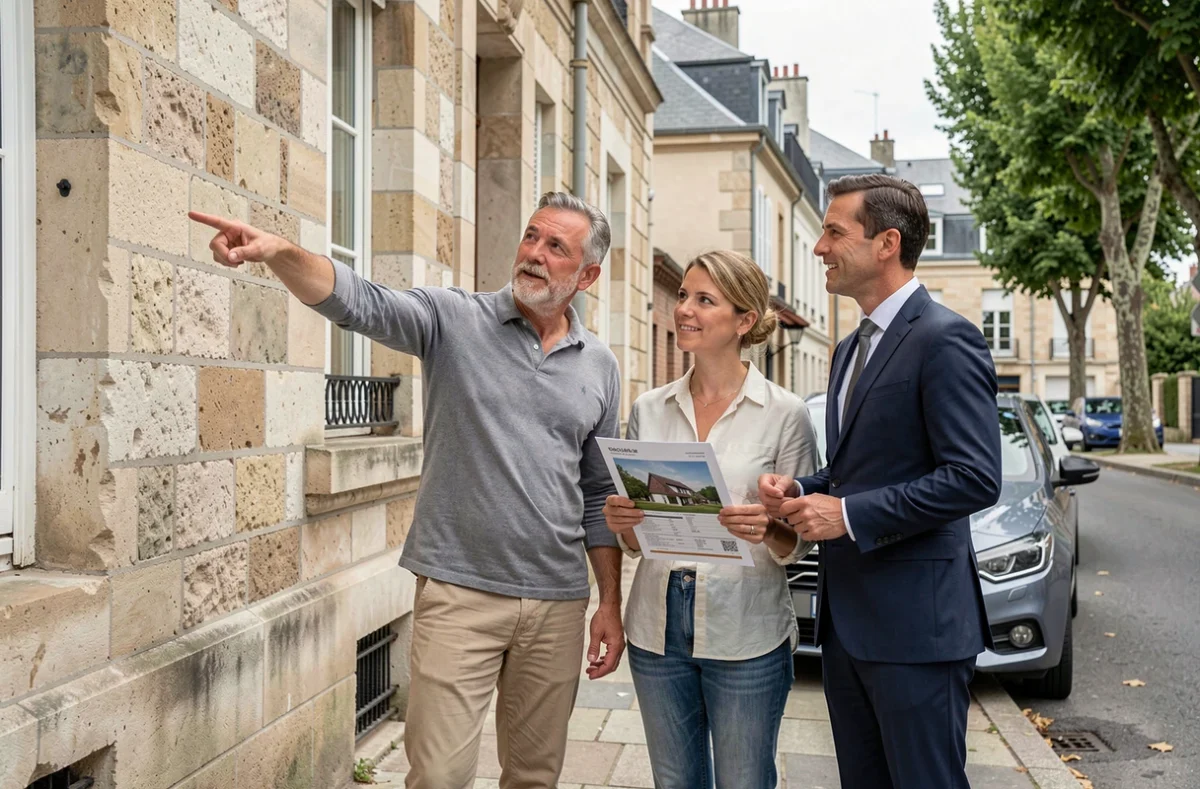 Couple visitant un immeuble résidentiel avec un agent immobilier lors d'un premier investissement locatif