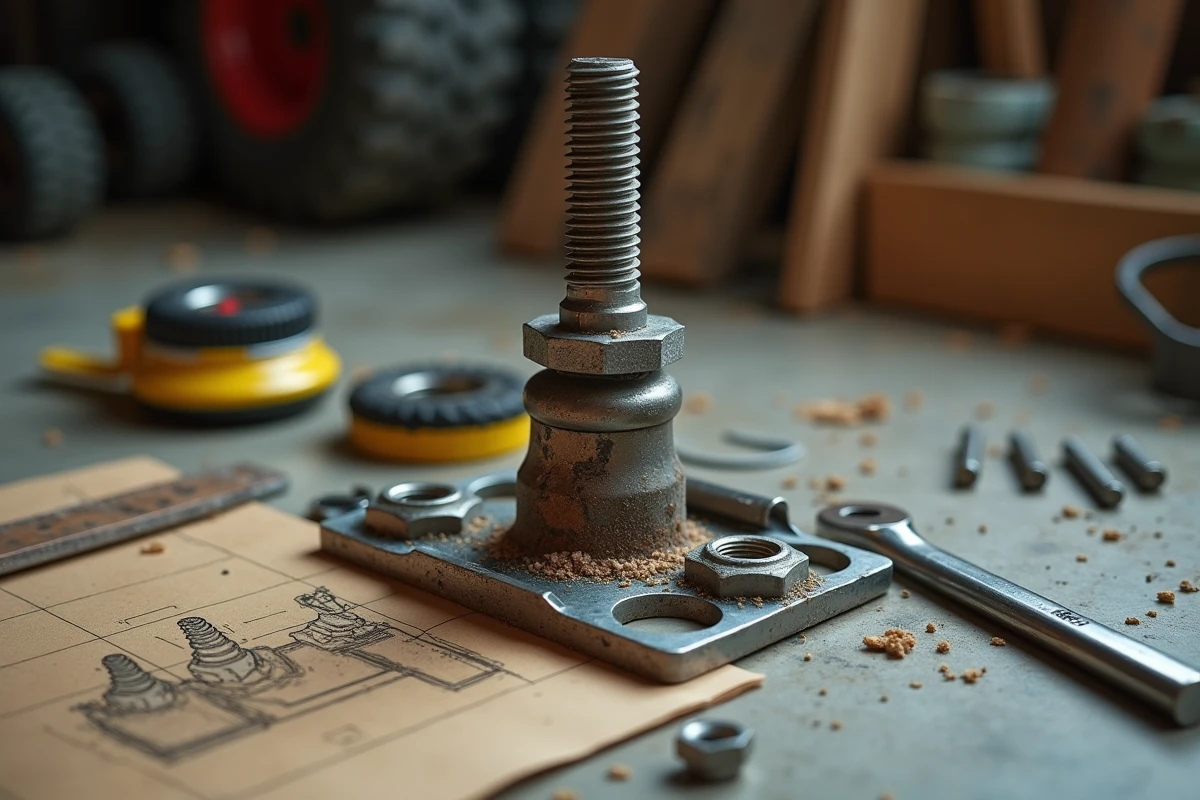 Détail de l'assemblage en acier fileté d'un lève tracteur tondeuse artisanal avec clé et plan de fabrication sur établi