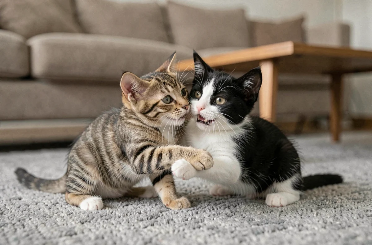 Deux chatons de huit semaines jouant ensemble sur un tapis, montrant les comportements sociaux essentiels appris avant la séparation de la portée