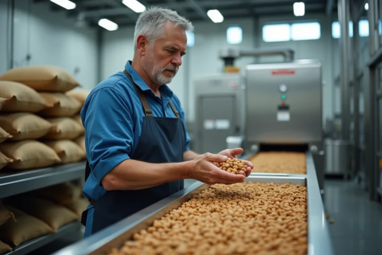 Homme inspectant du croquettes dans une usine moderne