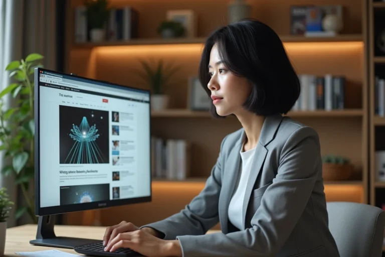 Femme lisant l'actualité scientifique et sceptique sur un ordinateur dans un bureau moderne