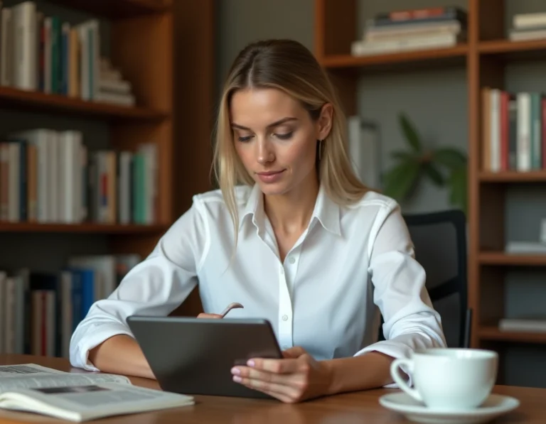 Femme consultant les actualités du jour sur une tablette dans un bureau à domicile