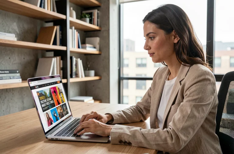 Femme consultant les nouveautés et tendances d'un site web d'actualités sur un ordinateur portable dans un bureau moderne