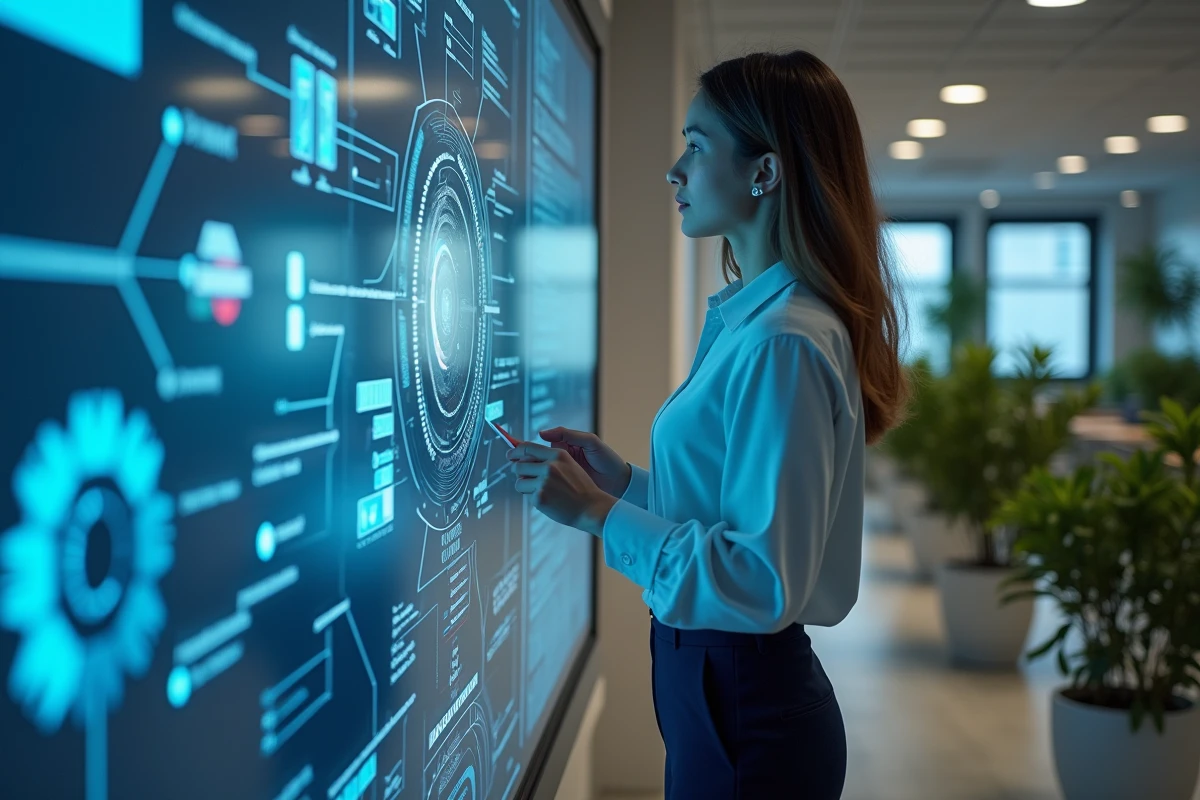 Jeune femme analysant un écran de données AI dans un bureau moderne