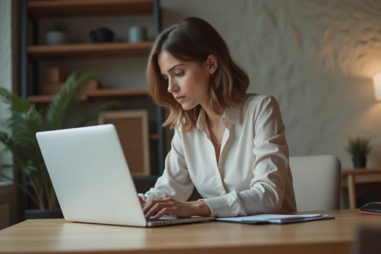 Femme au bureau à domicile en blouse business casual