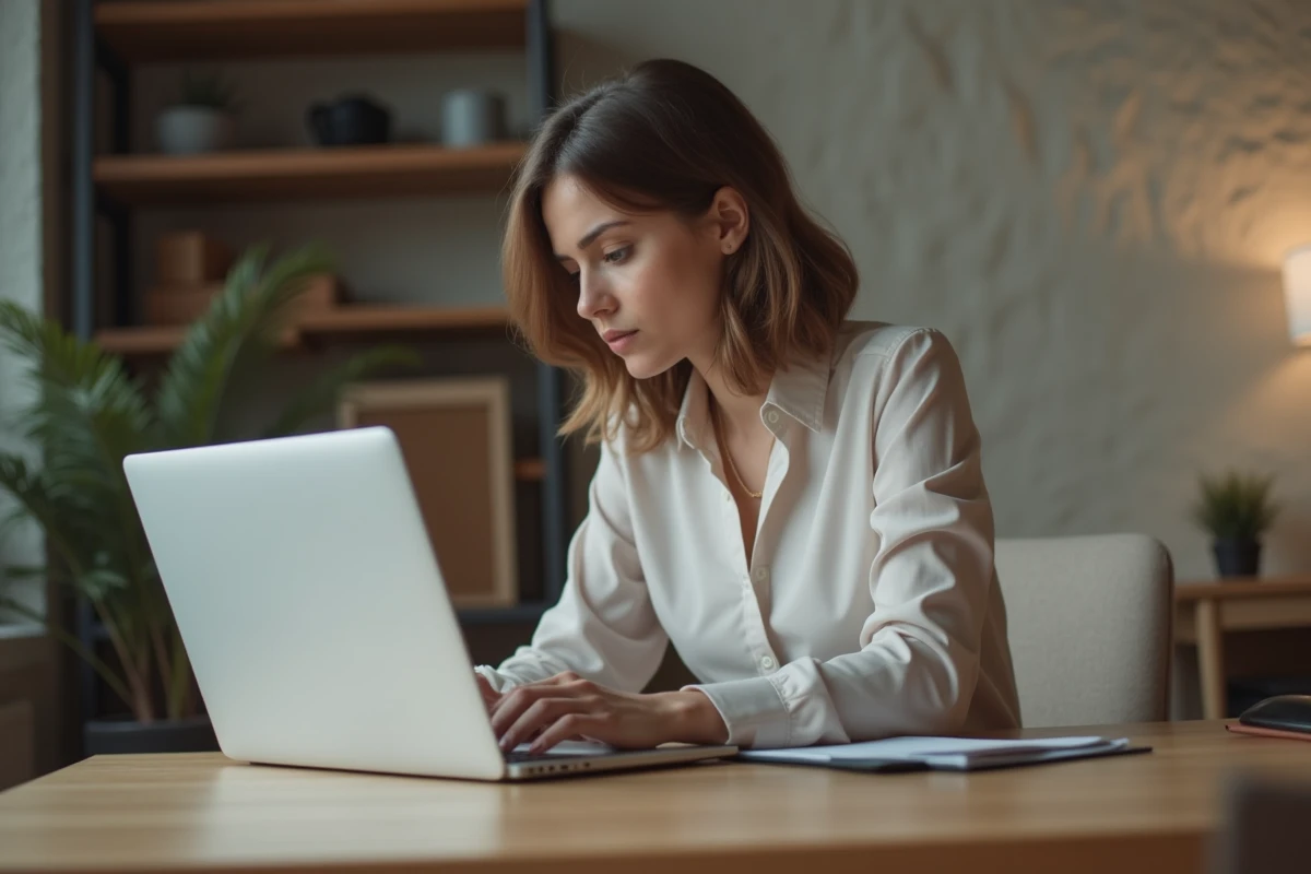 Femme au bureau à domicile en blouse business casual