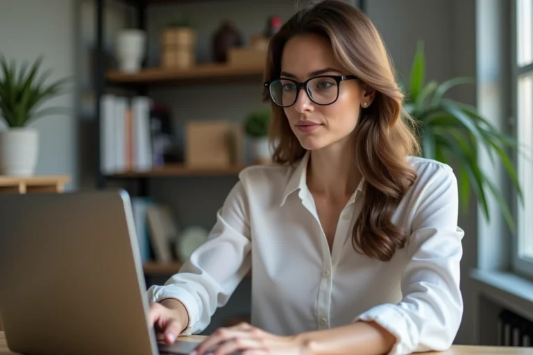 Femme en bureau moderne installant un logiciel comptable