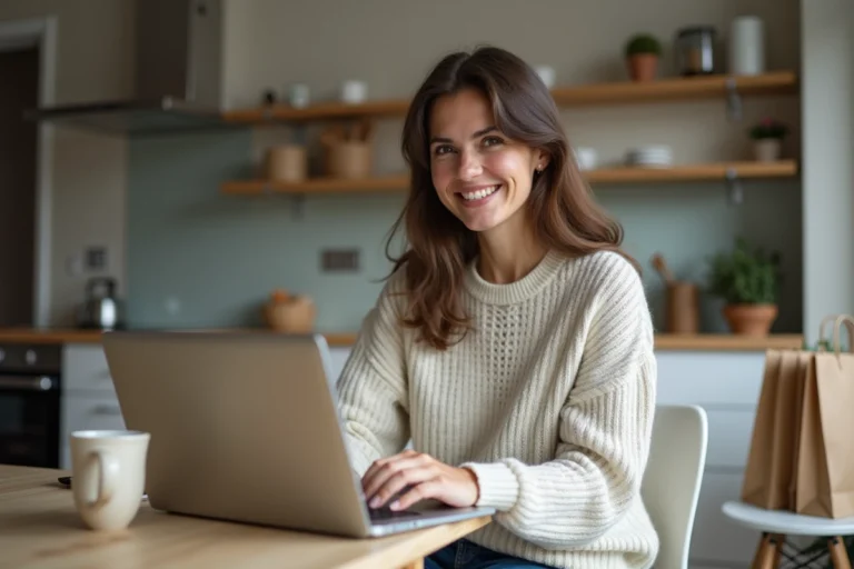 Femme souriante en cuisine avec ordinateur portable