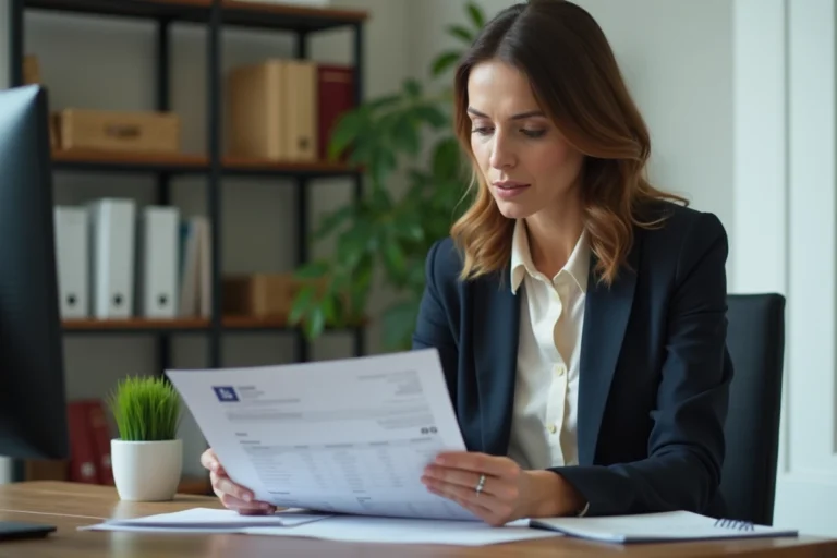 Femme en costume examinant un bulletin de salaire au bureau