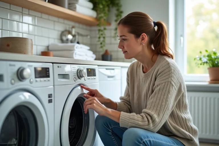 Femme concentrée vérifiant le panneau du lave-linge moderne