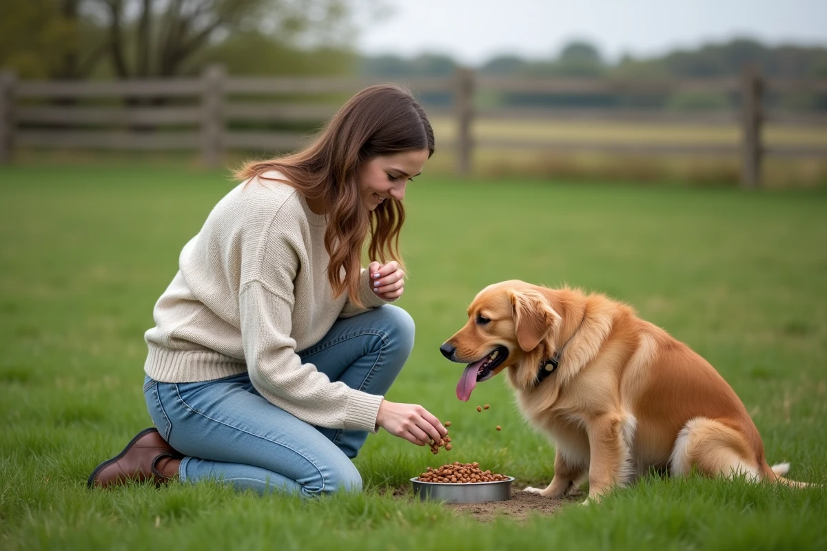 Femme donnant des croquettes à un chien dans un champ