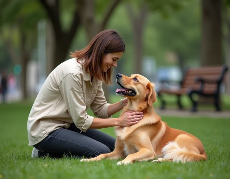 Femme agenouillée dans un parc caressant son golden retriever, illustration du bien-être entre un chien et son maître