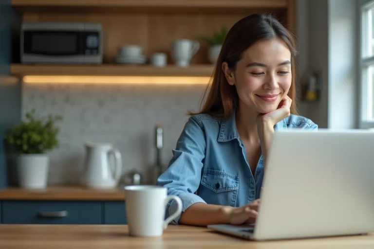 Femme en denim regardant ses commandes Amazon