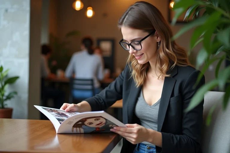 Femme élégante lisant un magazine dans un café moderne