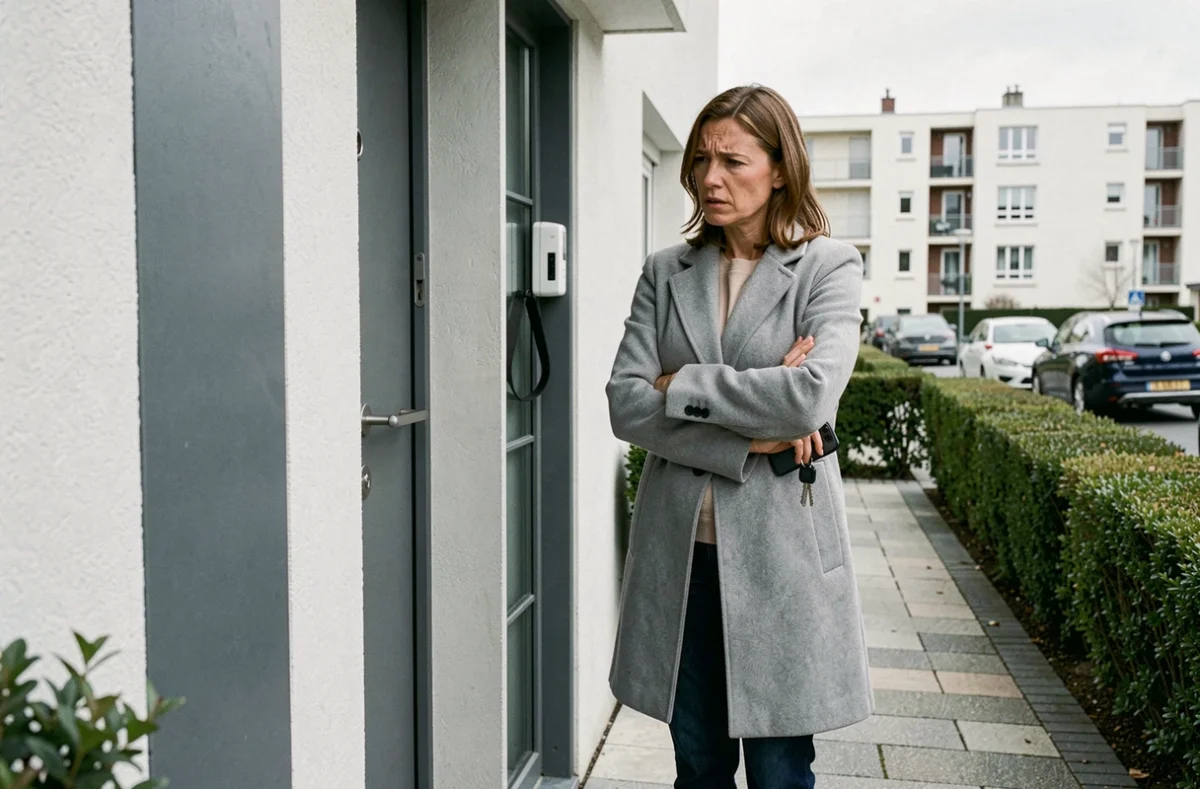 Femme en situation de blocage devant sa maison attendant un serrurier d'urgence en banlieue parisienne