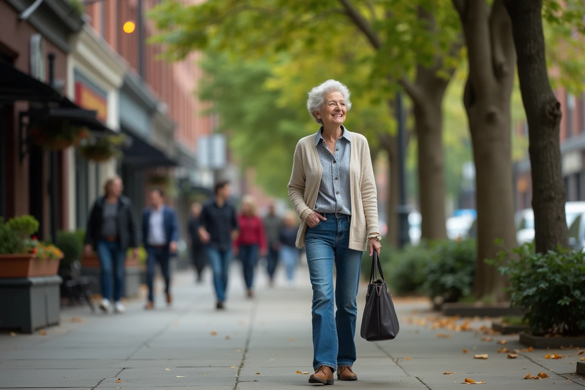 Femme plus âgée marchant dans une rue urbaine animée