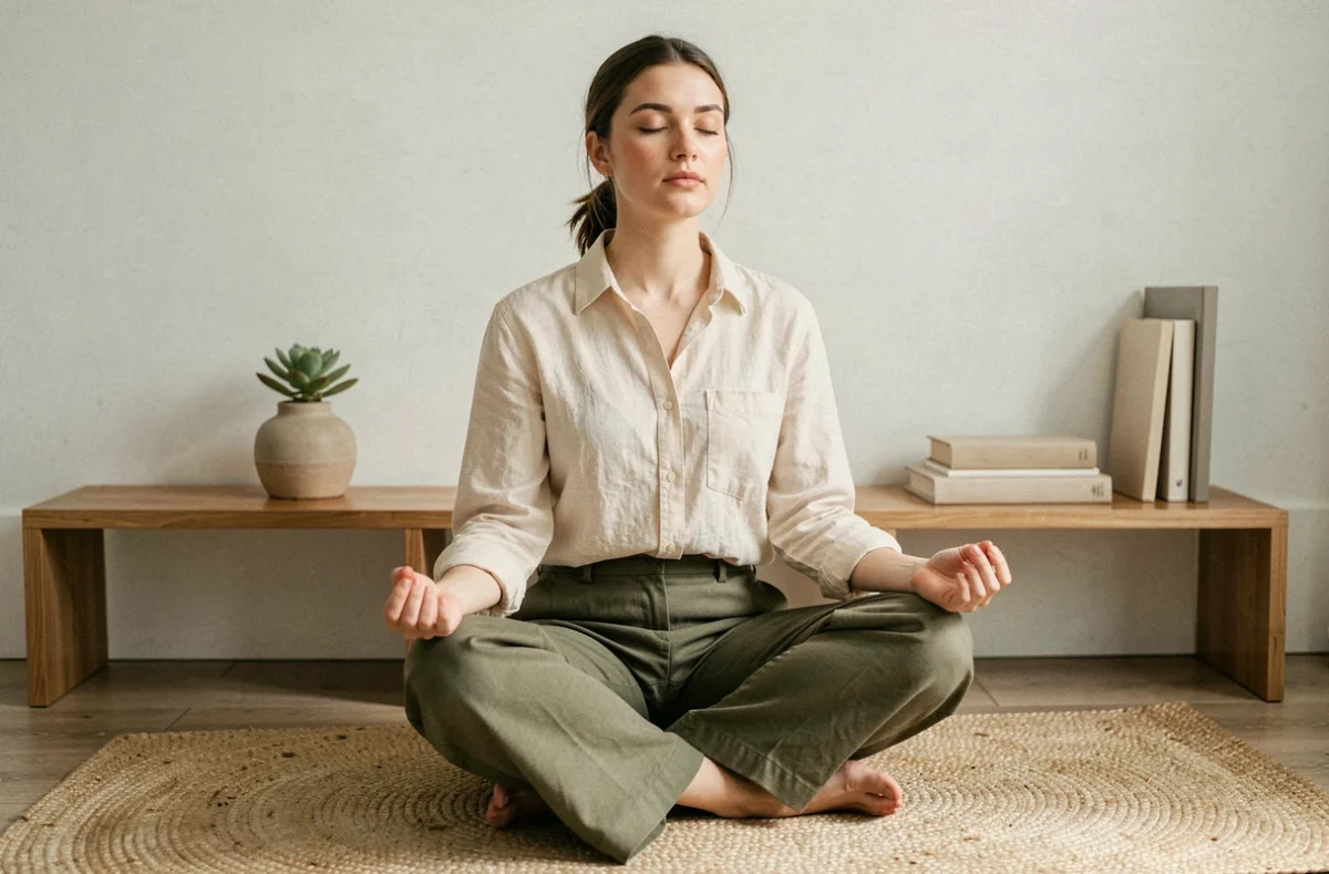 Jeune femme pratiquant la méditation sur un tapis de yoga dans un salon minimaliste pour adopter un mode de vie sain et équilibré