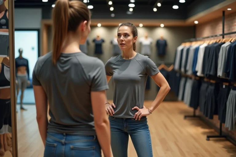 Femme en magasin de sport examinant sa posture