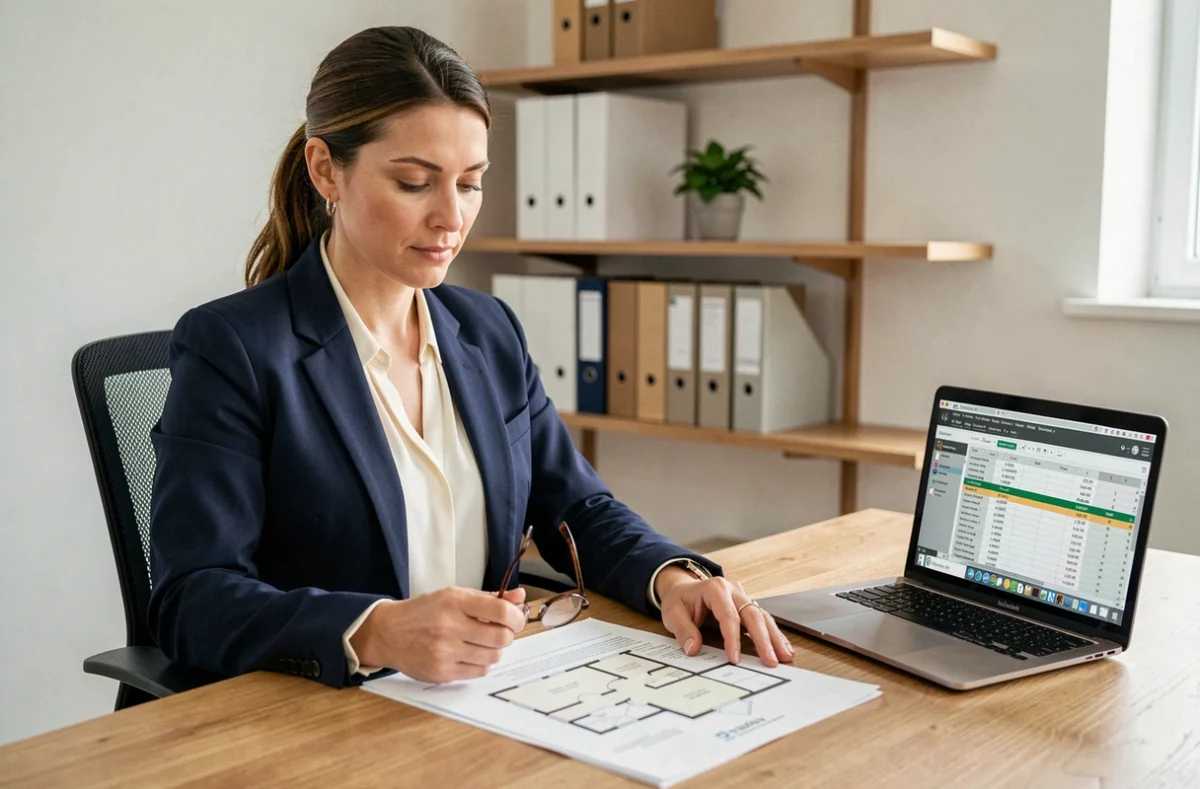 Femme professionnelle étudiant des documents immobiliers dans un bureau moderne pour préparer son premier investissement