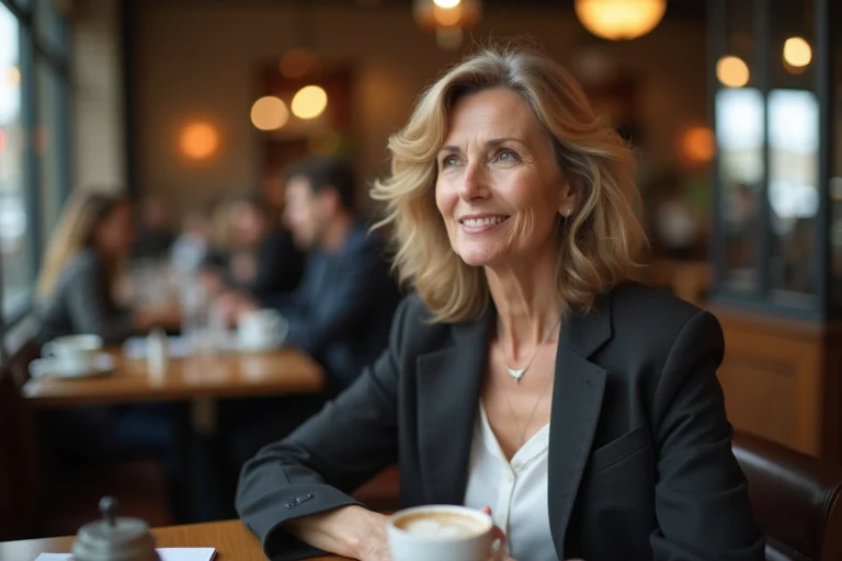 Femme d'âge moyen réfléchissant dans un café cosy