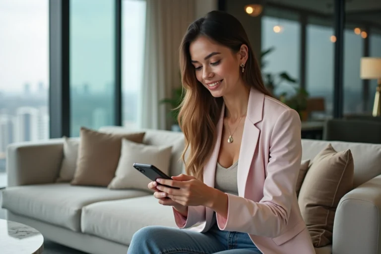 Femme en blazer pastel dans un salon moderne avec vue urbaine