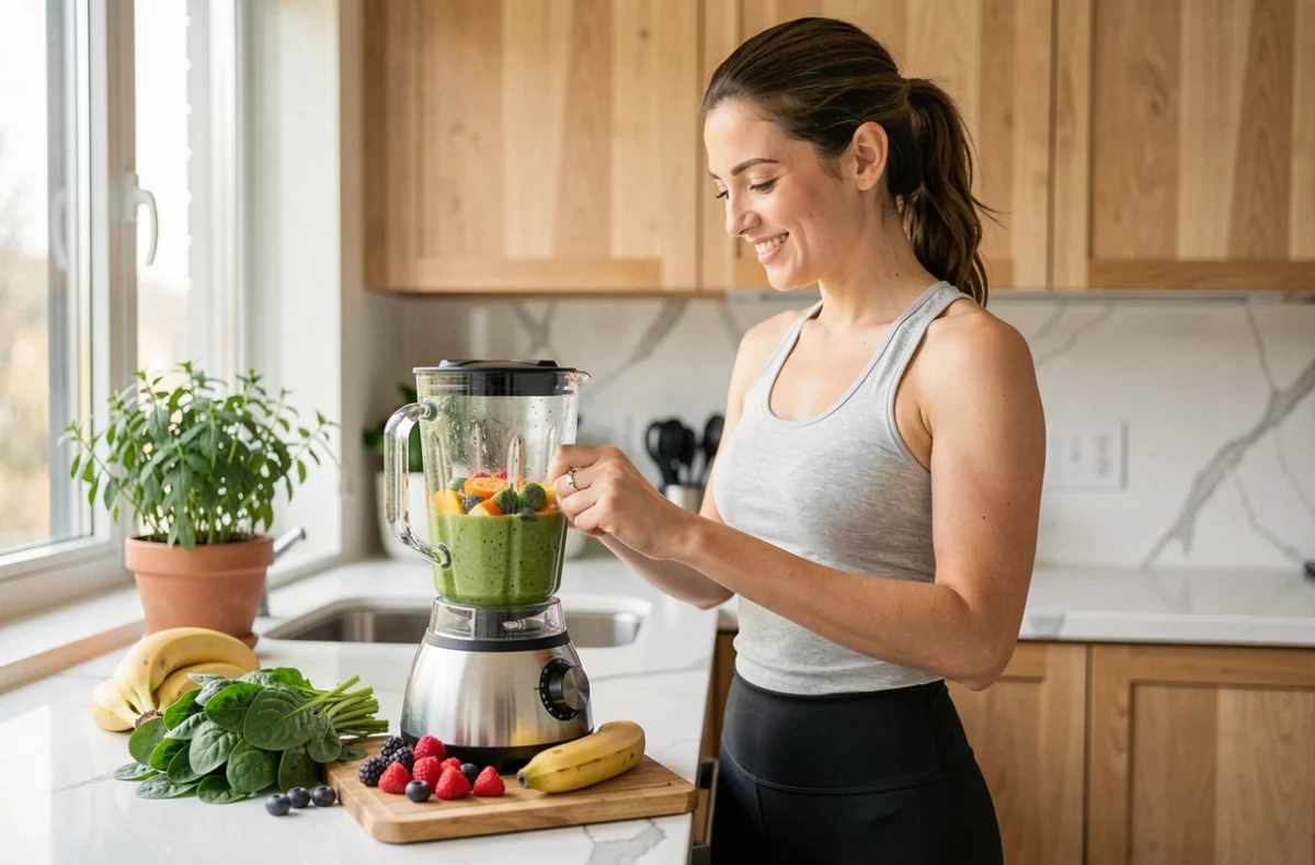 Femme préparant un smoothie aux légumes et fruits frais dans une cuisine moderne pour un mode de vie sain