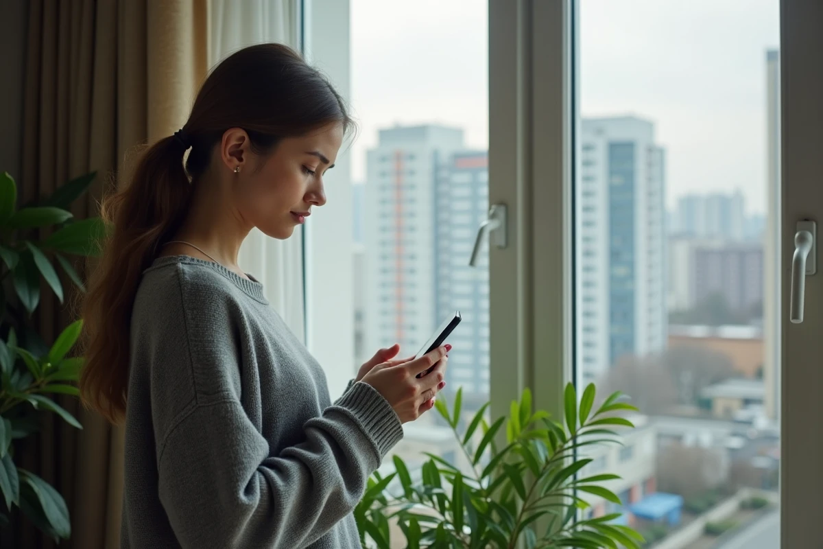 Femme vérifiant son téléphone dans le salon lumineux
