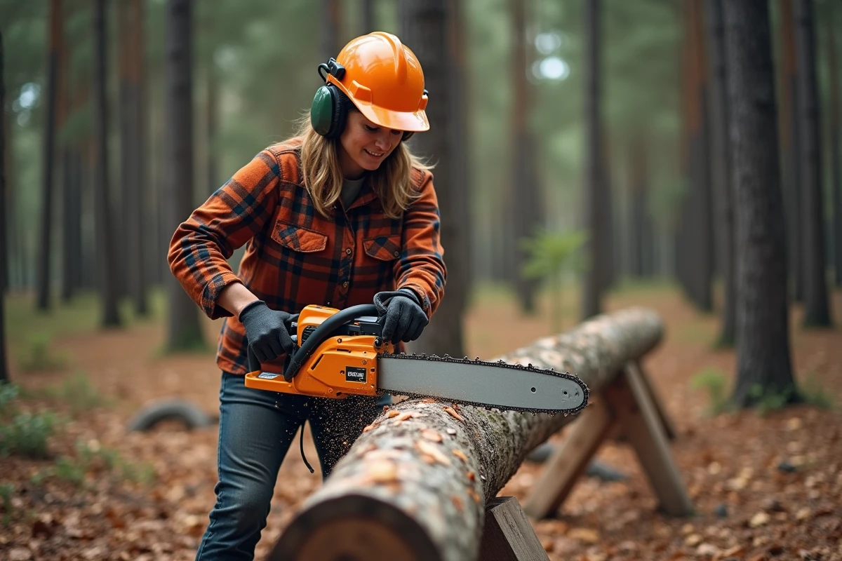 Femme coupant un tronc avec une tronçonneuse électrique dans une clairière forestière entourée de pins en automne