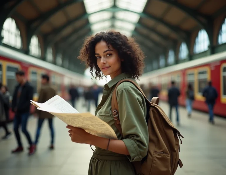 Femme voyageuse indépendante consultant une carte dans une grande gare européenne avec un sac à dos en toile