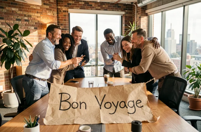 Groupe de collègues réunis autour d'une table pour fêter le départ d'un collègue à l'étranger