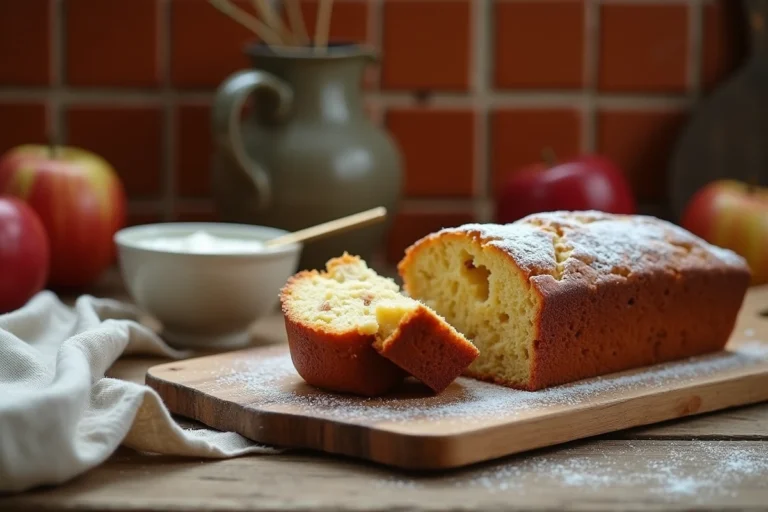 Gâteau au yaourt pomme façon Cyril Lignac posé sur une planche en bois rustique dans une cuisine française
