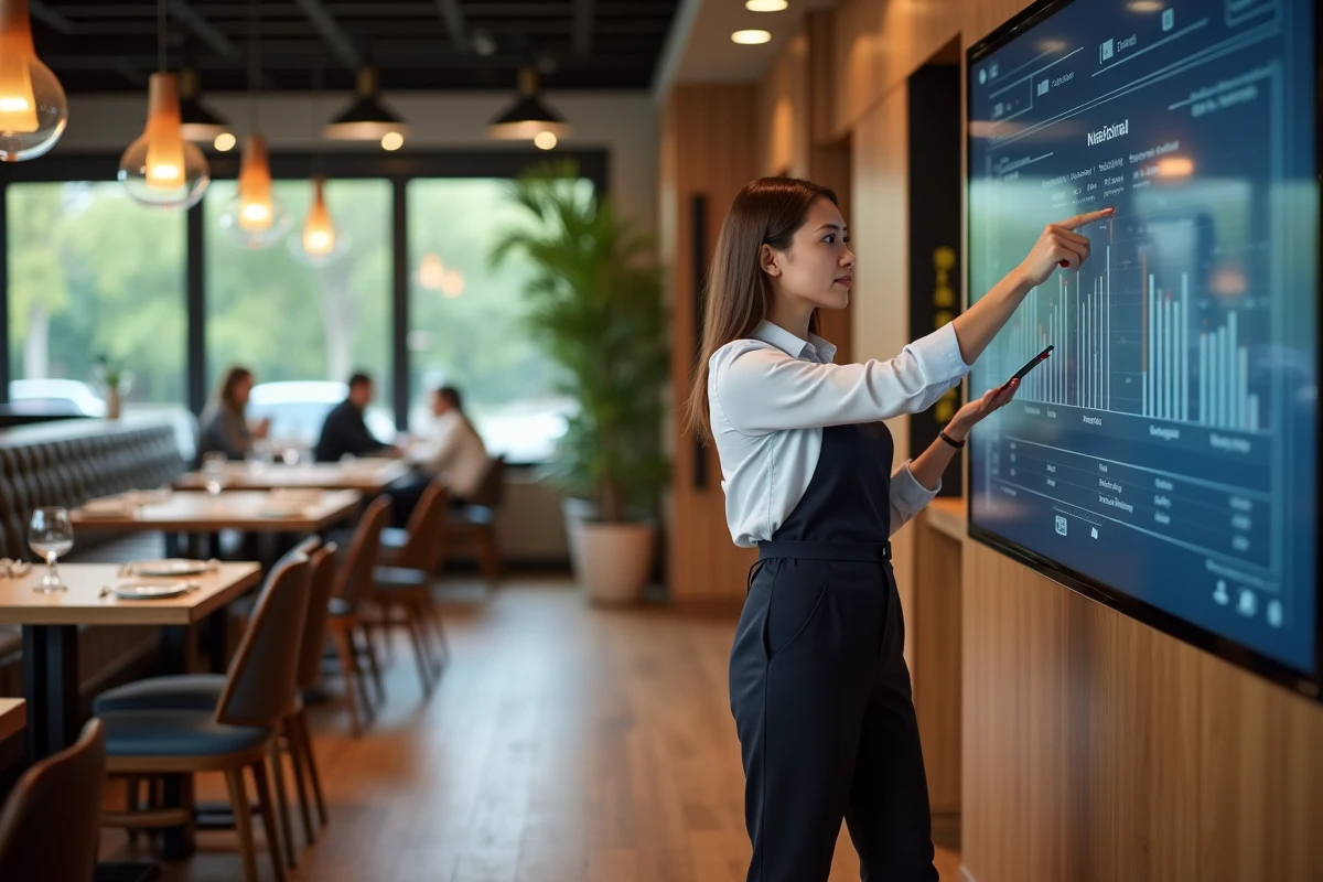 Gerante de restaurant analysant des données dans la salle à manger