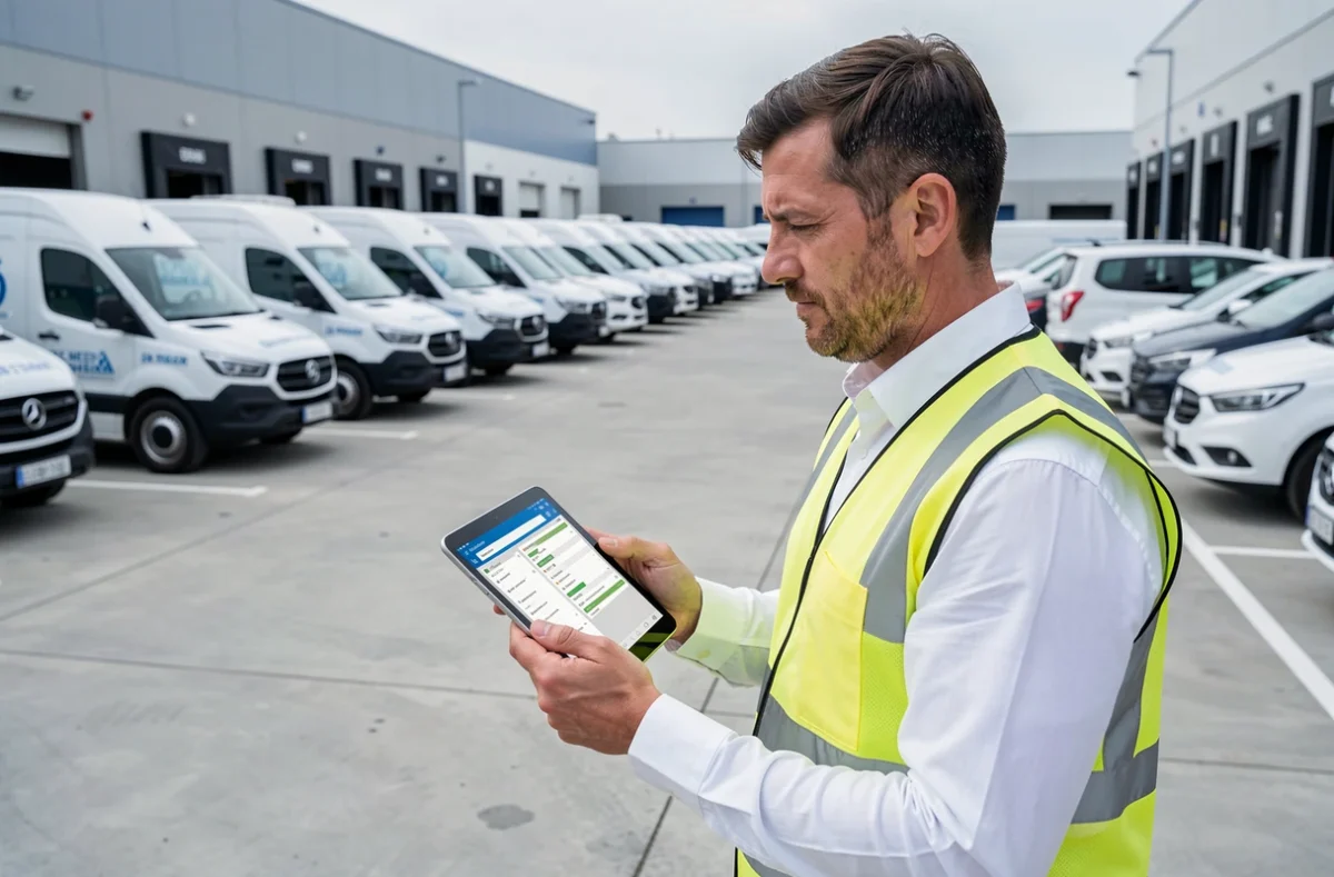 Responsable logistique examinant un planning de transport sur tablette devant une flotte de véhicules professionnels