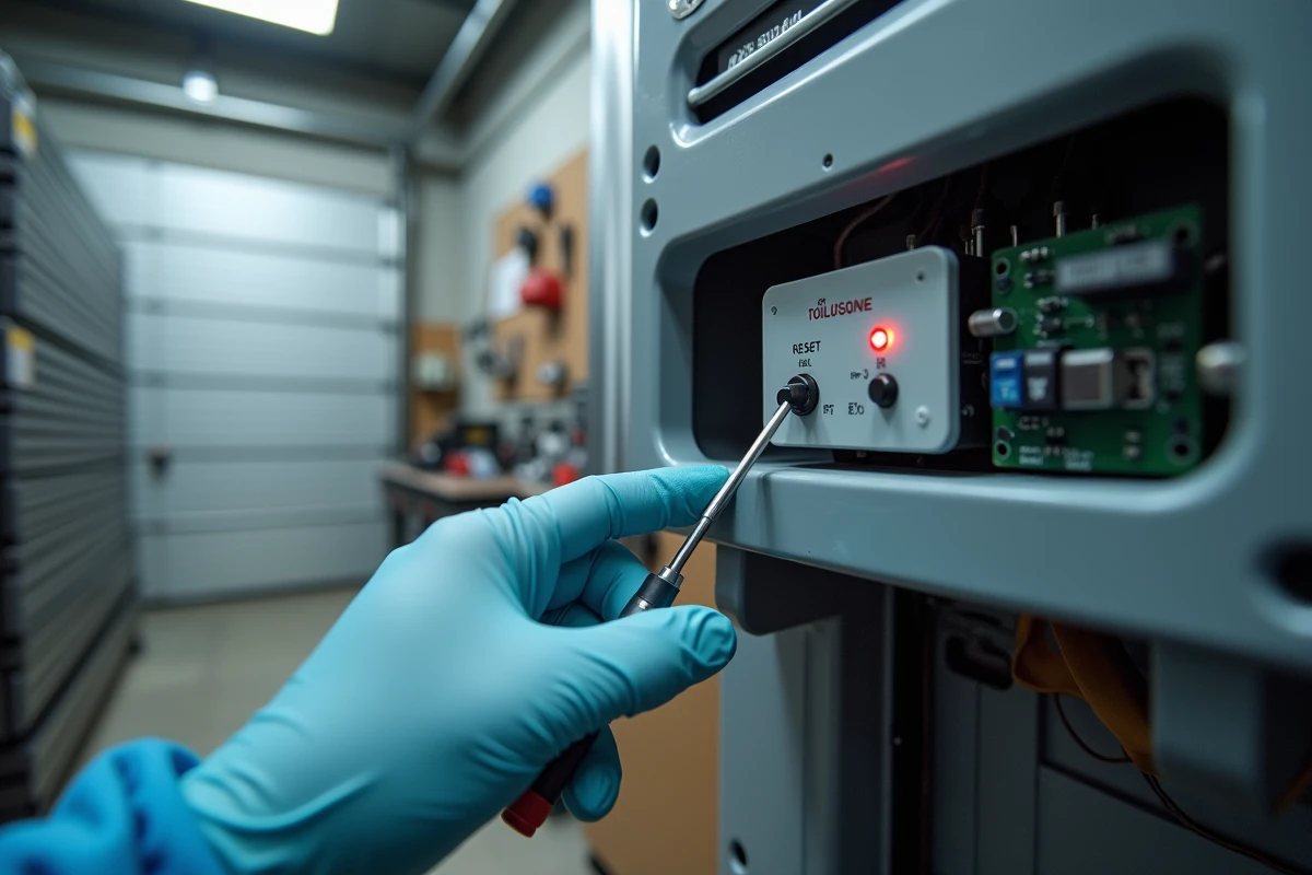 Gros plan sur le module de commande du moteur électrique d'une porte sectionnelle La Toulousaine avec appui sur le bouton de réinitialisation