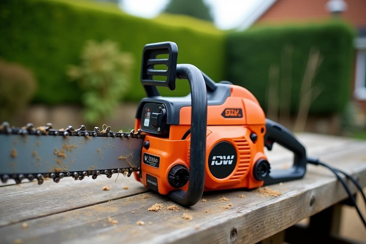 Gros plan sur une tronçonneuse électrique compacte posée sur un établi en bois avec de la sciure et un câble d'alimentation
