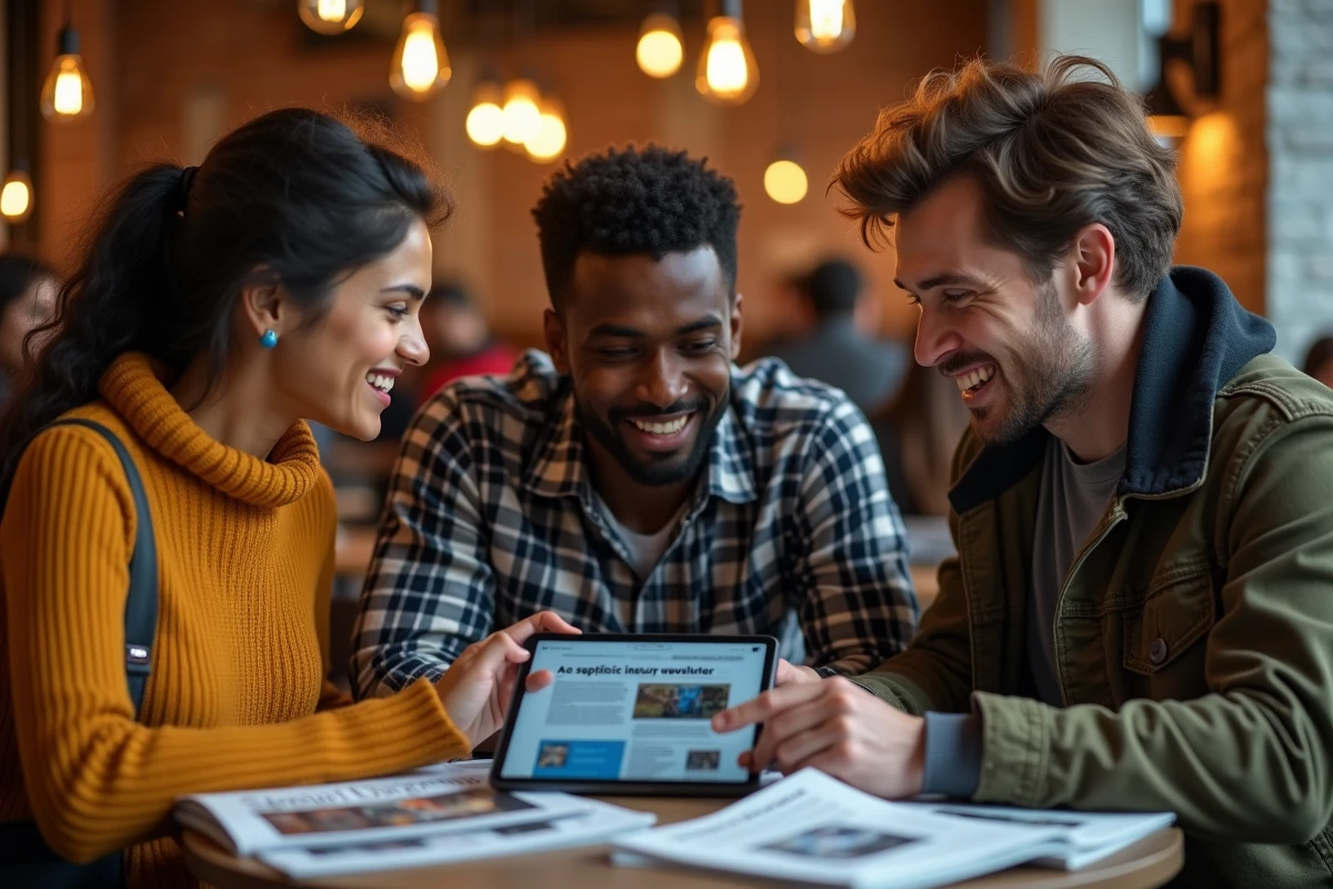 Groupe de personnes discutant de l'actualité scientifique et sceptique autour de magazines dans un café