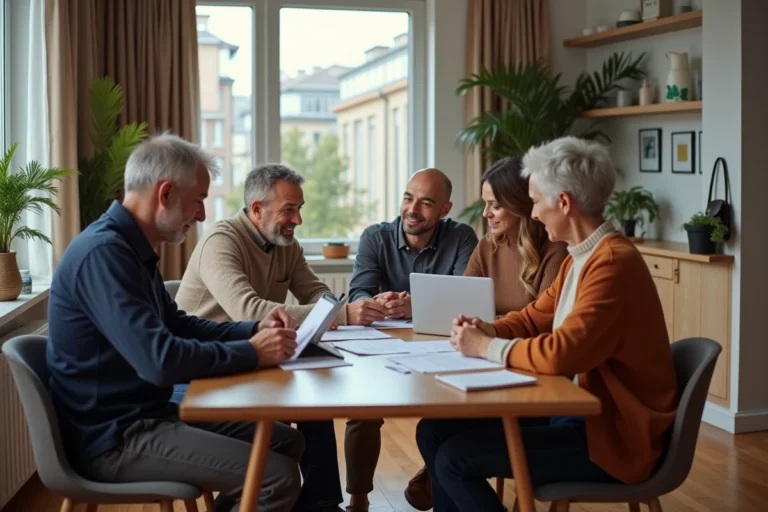 Groupe d'adultes discutant autour d'une table avec documents et ordinateur