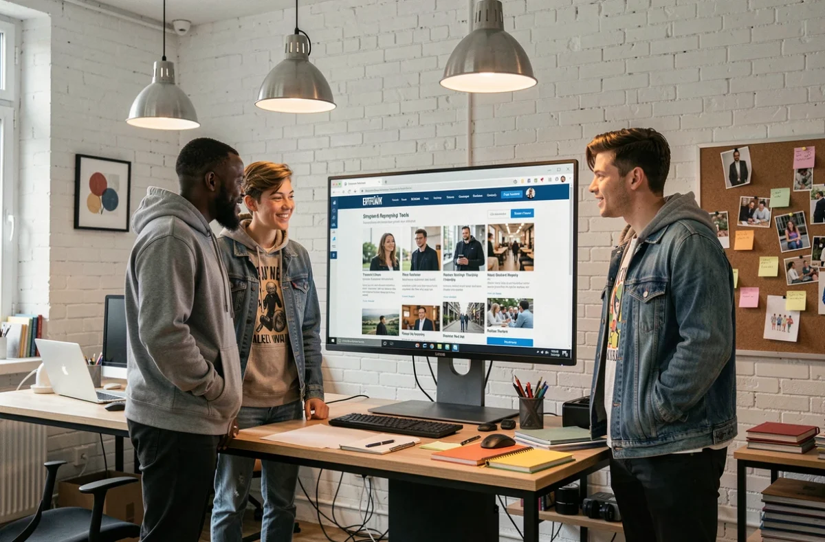 Groupe de jeunes professionnels discutant des nouvelles tendances et actualités d'un site web dans un studio créatif moderne