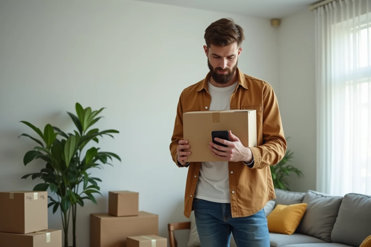 Homme vérifiant son smartphone avec colis livré