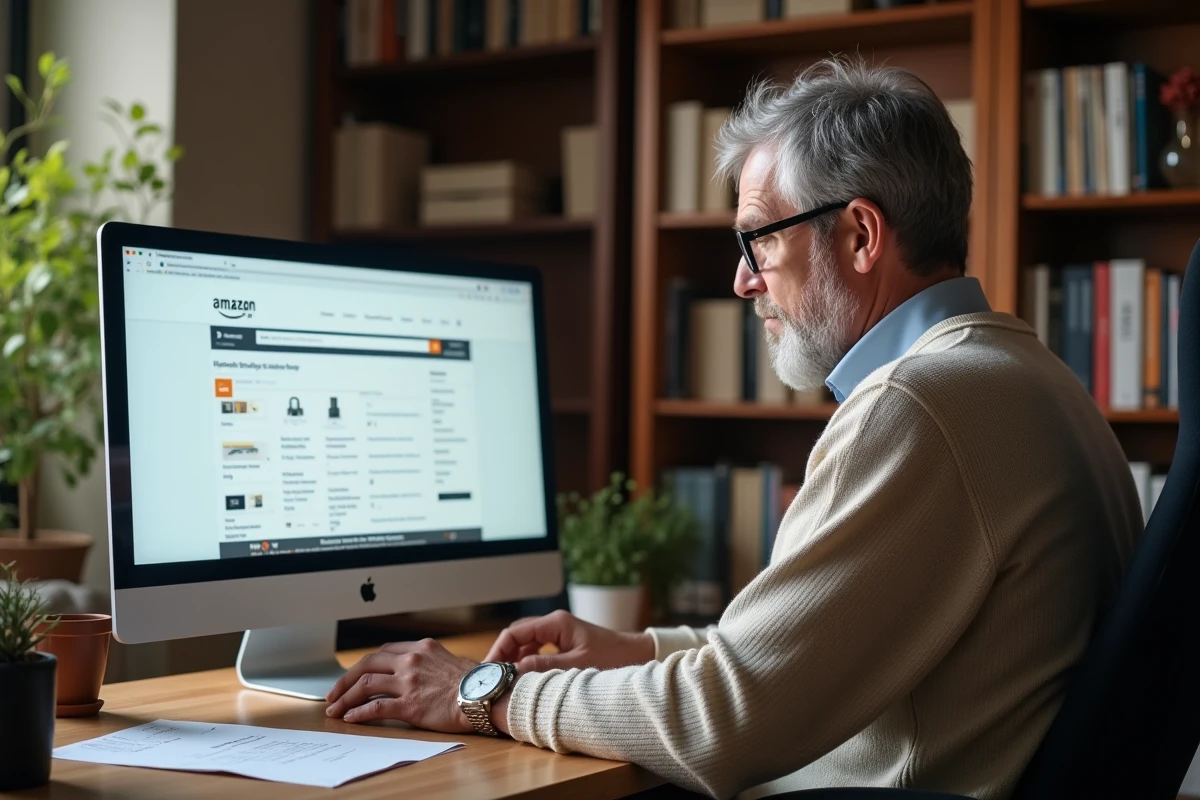Homme vérifiant ses commandes Amazon cachees au bureau
