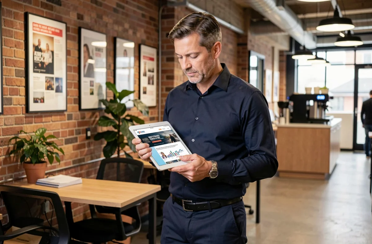 Homme dans un espace de coworking consultant les tendances et actualités d'un site web sur une tablette numérique