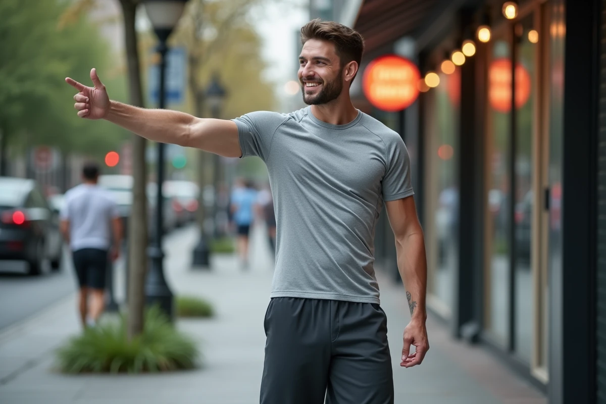 Homme sportif s’étirant devant un magasin de sport en extérieur